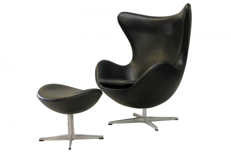 Fritz Hansen Egg Chair inkl. Ottomane Leder / Schwarz